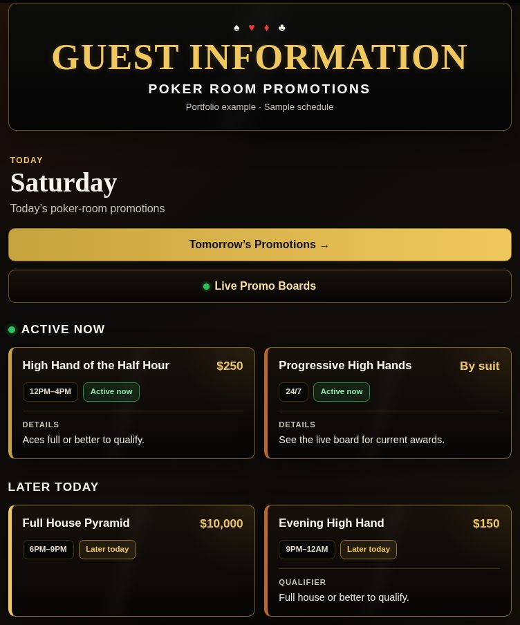 Guest promotions page showing Today and Tomorrow navigation, active promotions, and upcoming events