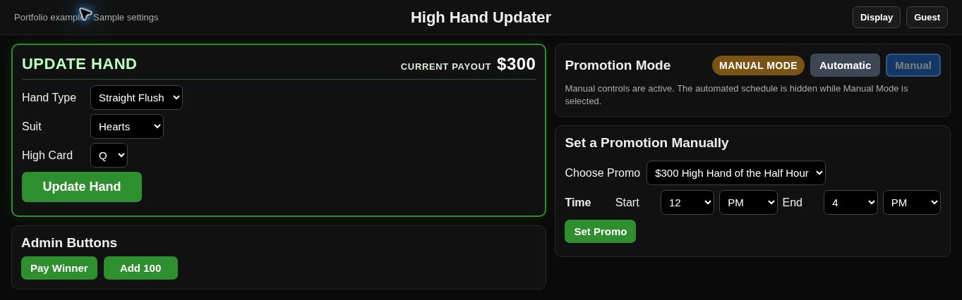 High Hand controls showing straight flush, hearts, queen high, a $300 payout, and manual promotion settings