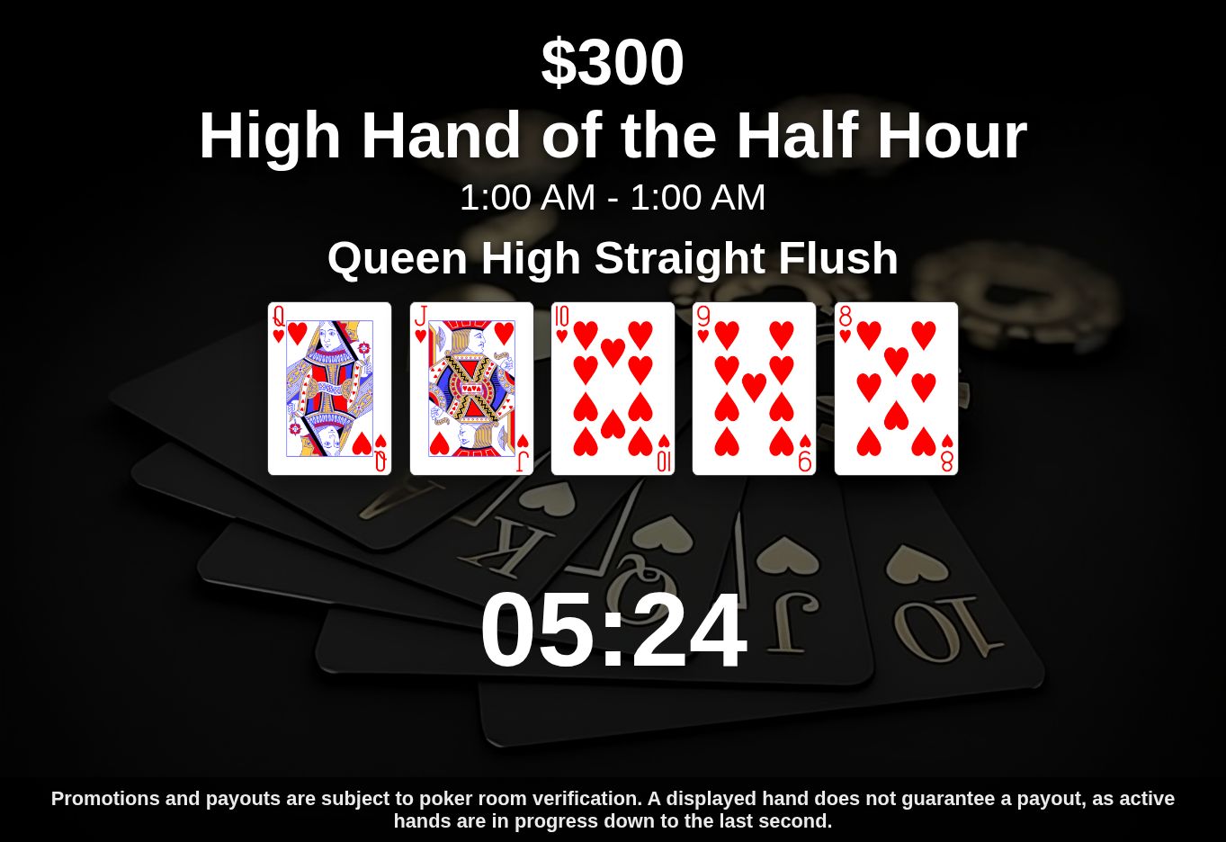 High Hand display showing a $300 prize, queen-high straight flush in hearts, and countdown