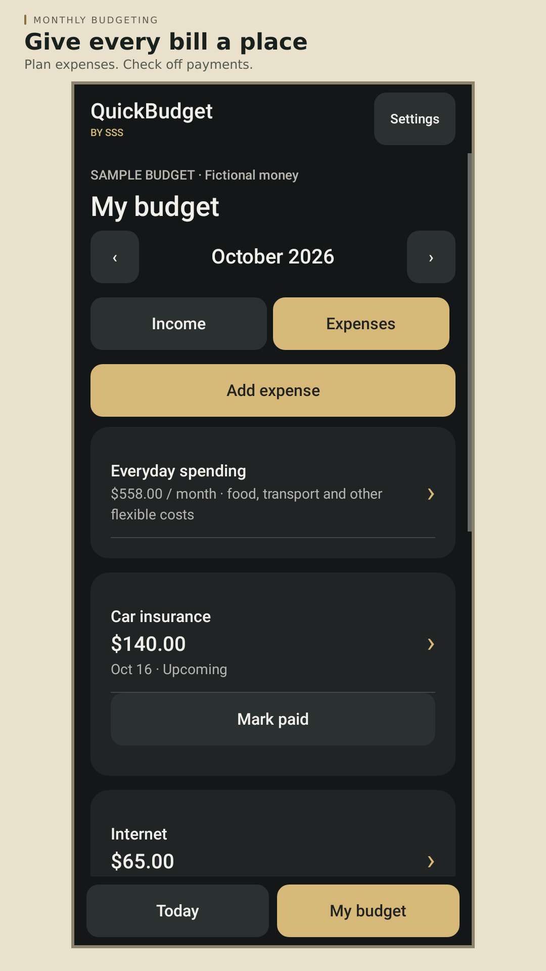 QuickBudget expenses screen showing fictional bills and their payment schedules.