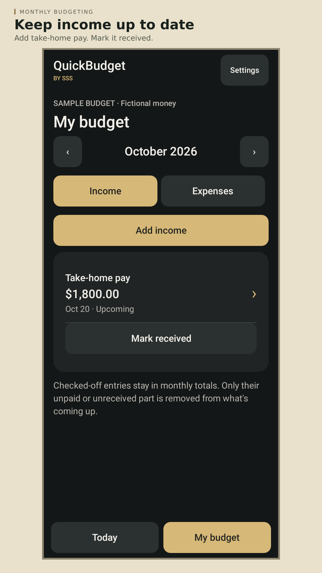 QuickBudget income screen with fictional scheduled income and gold controls.