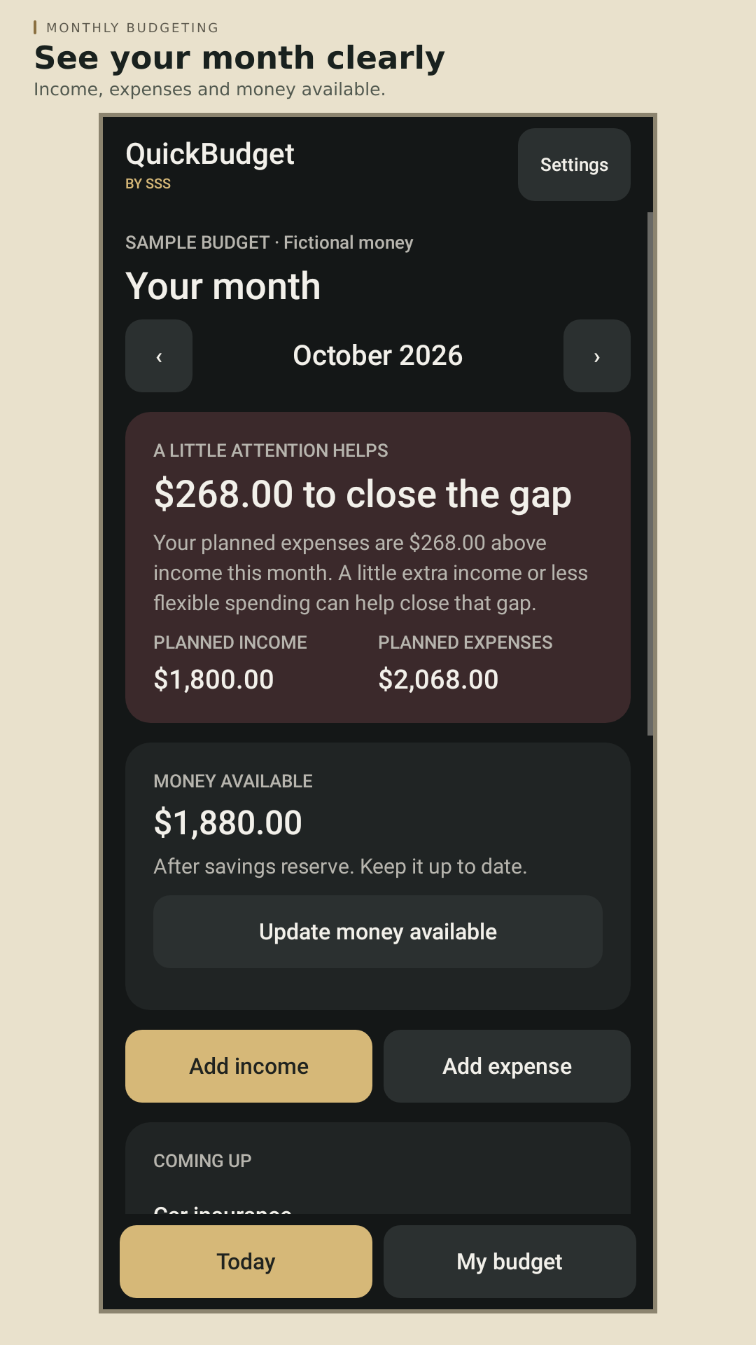 QuickBudget monthly plan showing fictional income, expenses, money available, and an encouraging suggestion to close a monthly gap.