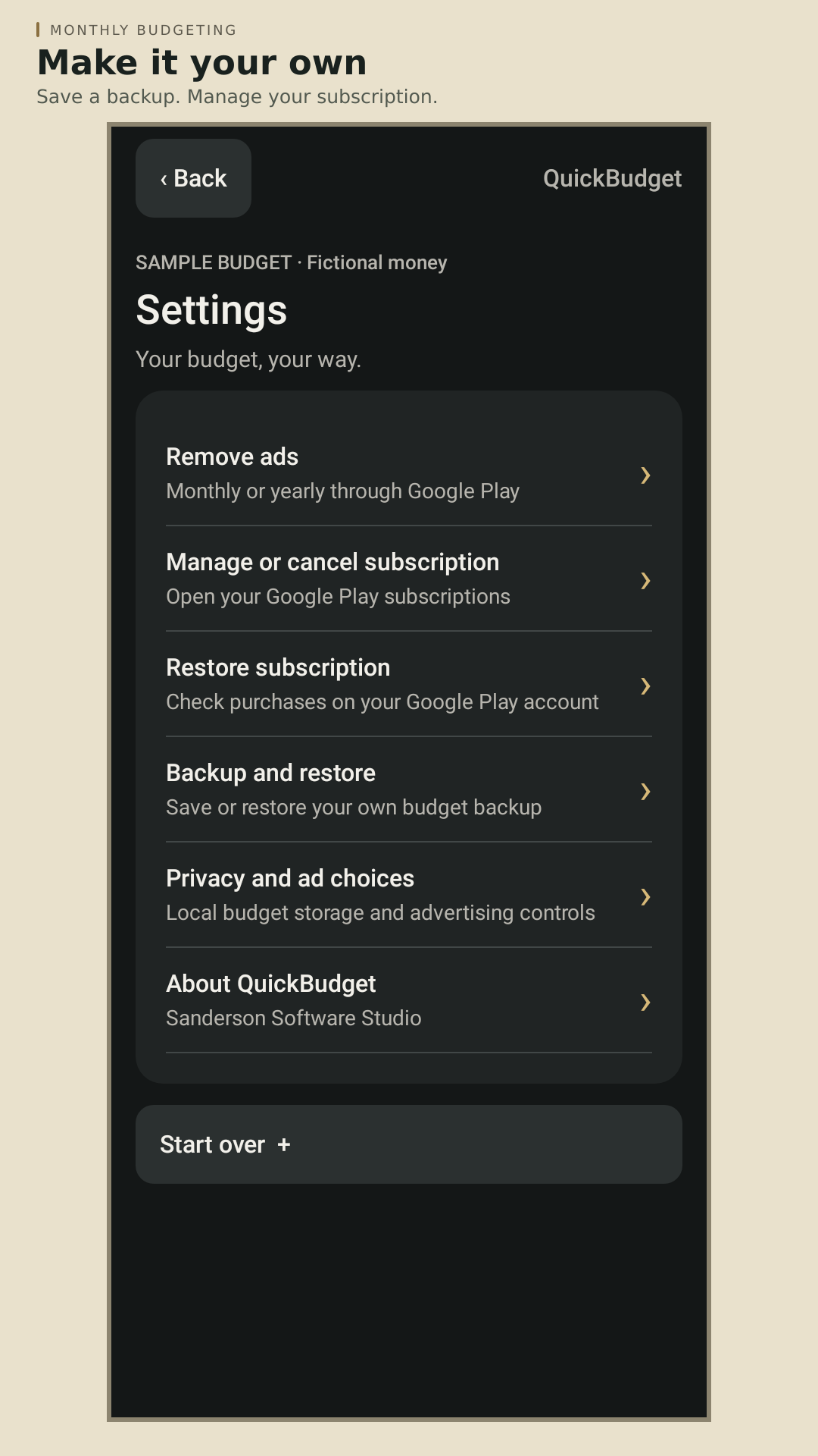 QuickBudget Settings screen with backup and restore, plan, and privacy options.
